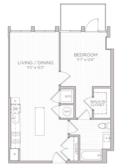 Floor plan for 1 bed, 1 bath, 727 sqft